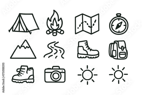 Camping adventures linear icon set. featuring tent, campfire, map, compass, mountain, trail, boots, backpack, camera, sun