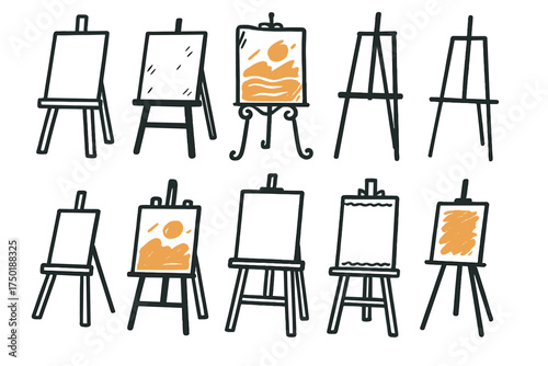 Art equipment silhouette icon set. featuring easels, palettes, brushes, canvases, and art boards