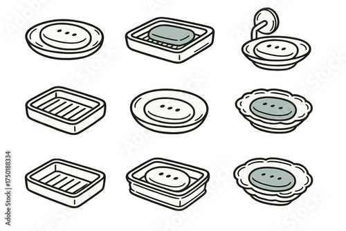 Bathroom soap dish silhouette icon set. featuring round, rectangular, mounted, grated, and floral designs