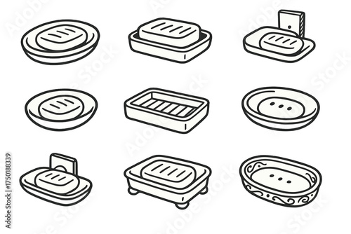 Soap dishes linear icon set. featuring decorative, modern, classic, minimal, and textured designs
