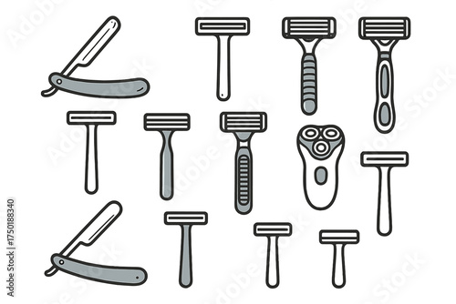 Grooming tools silhouette icon set. featuring straight razor, safety razor, electric razor, shaving brush