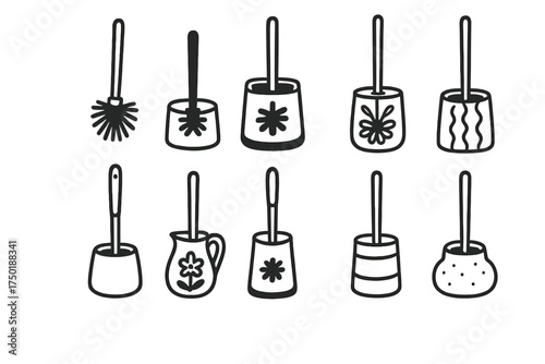 Bathroom cleaning silhouette icon set. featuring brush, scrubber, mop, plunger, and broom symbols