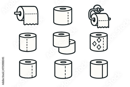 Hygiene products linear icon set. featuring toilet paper, roll, bath tissue, clean, and washroom symbols