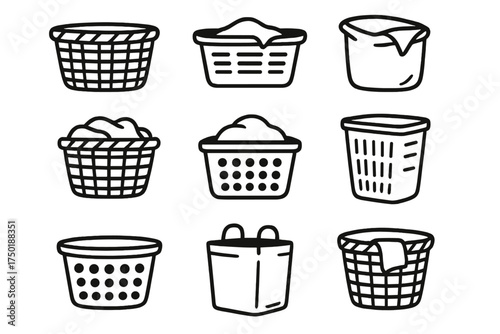 Laundry silhouette icon set. featuring basket, clothes, towel, laundry bag, washing symbols