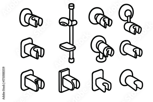 Bathroom accessories linear icon set. featuring soap holder, shower rail, and towel hook symbols