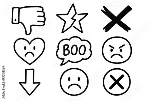Emotions silhouette icon set. featuring thumbs down, star, cross, heart, boo, smiley faces
