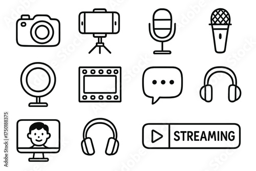 Music and streaming linear icon set. featuring camera, microphone, headphones, streaming, tablet, and speaker symbols