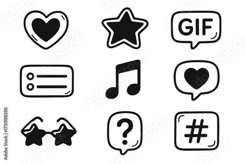 Social media silhouette icon set. featuring heart, star, gif, list, music note, speech bubble, glasses, question, hashtag