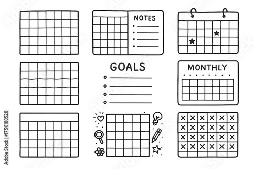Planner calendar linear icon set. featuring monthly grid, notes, goals, checklist, deadlines, and reminders