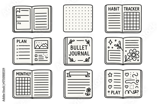 Bullet journal silhouette icon set. featuring habit tracker, plan, monthly log, and floral design symbols