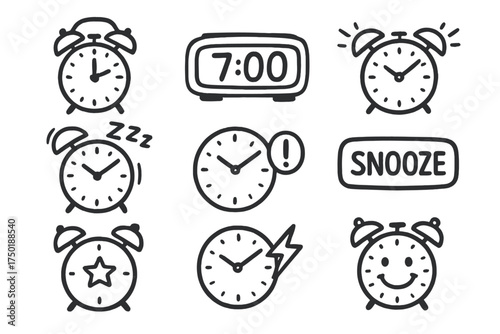 Alarm clock silhouette icon set. featuring snooze, timer, alert, wake-up, bedtime, and sleep symbols