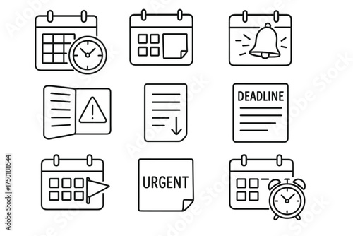 Deadline management linear icon set. featuring calendar, alarm, clock, warning, urgent, and checklist symbols