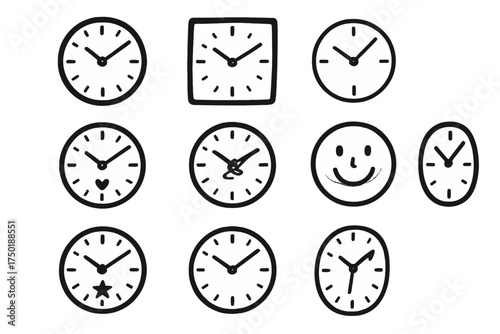 Classic clocks silhouette icon set. featuring various clock faces with simple and emotive designs