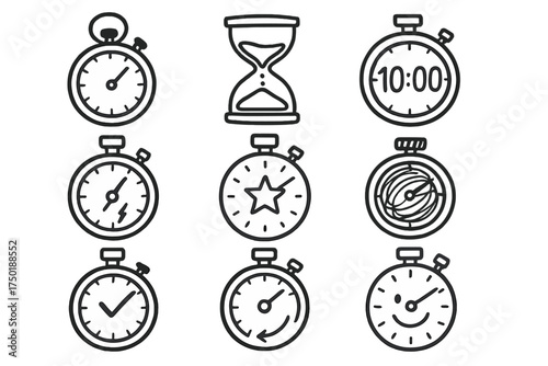 Time measurement linear icon set. featuring stopwatch, hourglass, timer, countdown, and alarm symbols