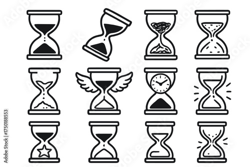 Time management linear icon set. featuring hourglass, sand timer, clock, wings, star, and flow symbols