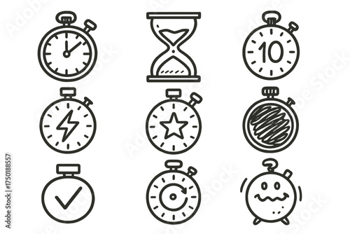 Time measurement linear icon set. featuring stopwatch, hourglass, timer, countdown, alarm, and chronograph symbols