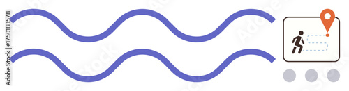 Wavy lines paired with a figure walking toward a location pin on a map interface. Ideal for travel, navigation, progress, exploration, mapping, wayfinding, and journey planning. Simple flat metaphor