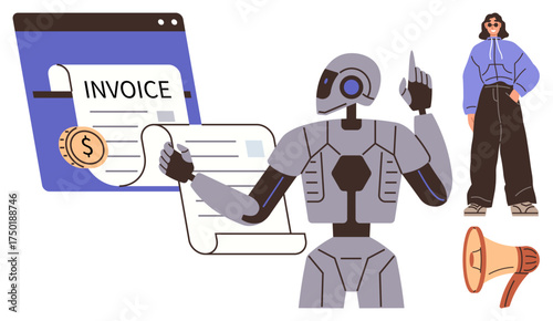Robot handling invoice on a computer screen with dollar coin, modern woman nearby, and megaphone. Ideal for automation, technology, finance, AI, business e-commerce future trends. Simple flat