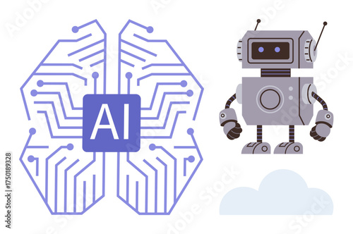 Robot standing beside electronic brain with AI chip, symbolizing technology, innovation, machine learning. Ideal for science, research, education, data analysis, robotics automation future tech