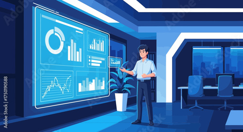 Animated technology expert presenting business analytics on an interactive display