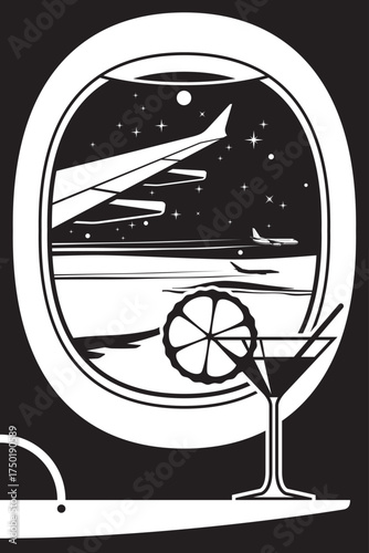 Cocktail on window of passenger aircraft over the clouds – vector illustration