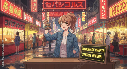 Bustling anime street market scene featuring handmade crafts and special offers