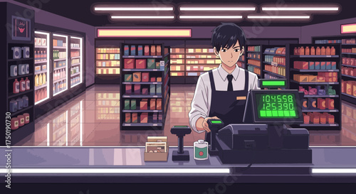Manga-Style depiction of a cashier working in a well stocked grocery store