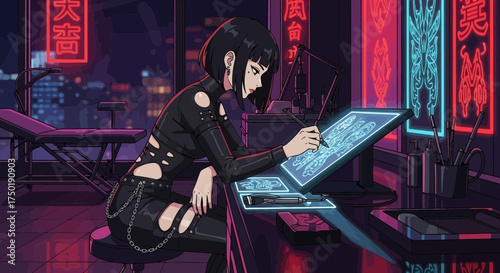 Digital tattoo artist in a studio with neon lights creating new design