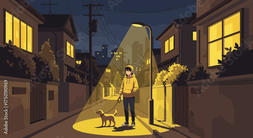 Evening stroll: A cartoon-style illustration of a person and their dog at night