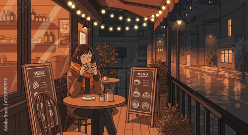 Cozy cafe evening ambiance, a tranquil scene of a girl enjoying a warm drink