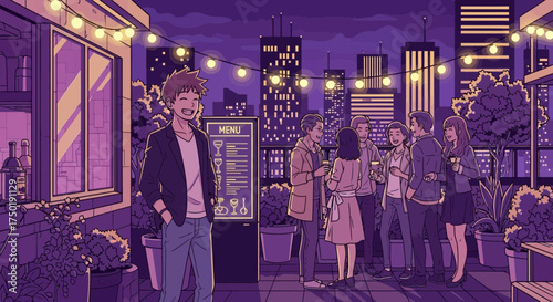 Rooftop cocktail party with city skyline backdrop and vibrant purple illustration style