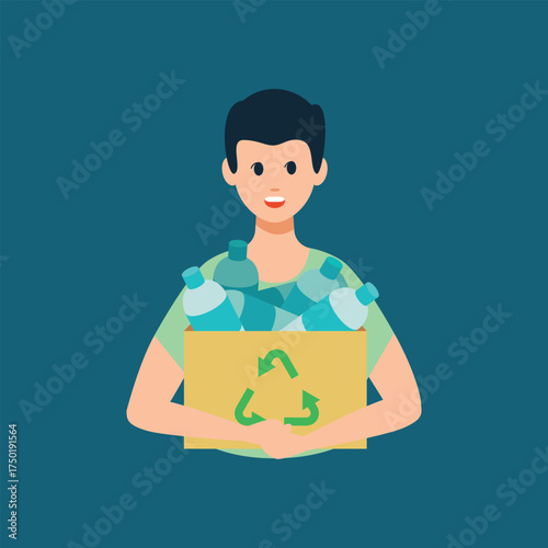 Young man holding a box full of plastic bottles marked with a recycling symbol, promoting waste sorting and environmental responsibility