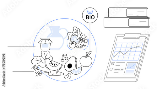 Organic fruits and vegetables beside a clipboard showing data charts and graphs with Bio label and books. Ideal for sustainability, health, organic farming, research, analysis, eco-consciousness