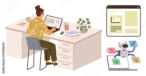 Professional at desk working on laptop, accompanied by robotic assistant managing automation and digital tasks. Ideal for workflow, technology, efficiency, AI, productivity, office business. Simple