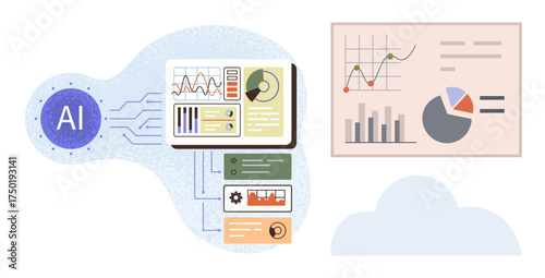 AI connecting to colorful dashboards with analytics, graphs, and pie charts emphasizing data insights. Ideal for technology, automation, data analysis, research, innovation, strategy and AI