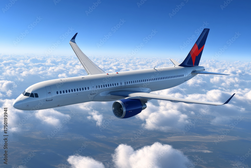 Obraz premium Modern passenger airplane flying above cloud layer with clear sky and sunlight, aerial travel scene conveying calm and freedom