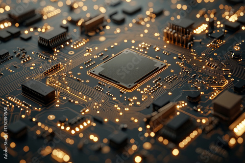 Black circuit board microchip close up, illuminated traces and components creating warm glowing highlights and high tech atmosphere