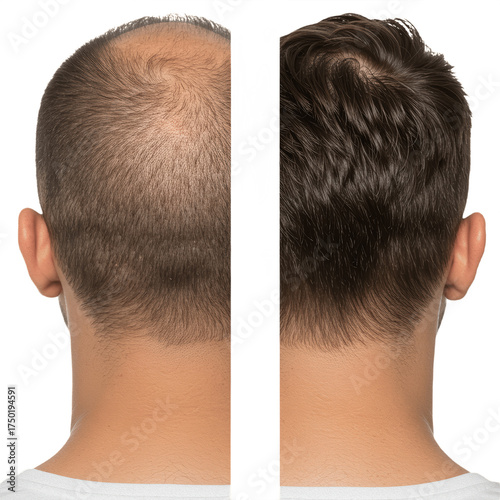 man’s head showing before and after hair transplant, isolated on white background, symbolizing hair loss treatment, regrowth, and cosmetic transformation