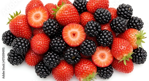 A vibrant blend of ripe, juicy red strawberries and deep purple blackberries, offering a delightful burst of sweet and tart flavors ,delicious ,black ,raw food