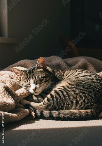 A contented domestic cat luxuriates, curled up snugly on a plush, warm blanket, enjoying a peaceful nap in a sun-drenched, cozy home environment ,napping ,warmth ,domestic shorthair