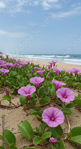 Delicate pink and purple beach flowers thrive resiliently in the warm, sun-drenched coastal sand, showcasing nature's vibrant beauty by the ocean ,nature ,plant ,flora