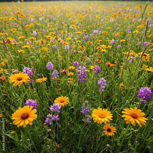 A vibrant meadow explodes with a diverse array of colorful wildflowers under the bright summer sun, showcasing nature's beauty ,blue ,summer ,natural