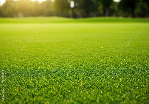 Lush, perfectly manicured green grass on a sunlit golf course, showing fine detail of blades. Ideal for sports and outdoor themes ,outdoor ,detail ,nature