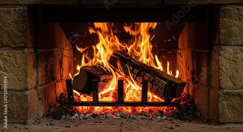 Crackling flames dance within a rustic stone hearth, illuminating the surrounding area with a warm, inviting glow. Embers smolder ,hearth ,relaxation ,fire