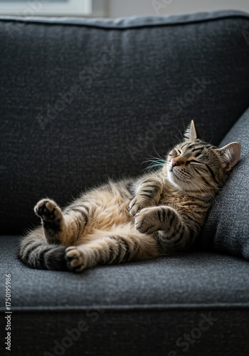 An adorable fluffy cat deeply asleep on a cozy sofa, paws akimbo in a truly comical, serene slumber. Humorous and utterly relaxed ,pet ,cat ,contentment