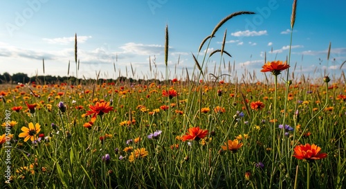 A vibrant meadow filled with colorful wild flowers swaying gently in the summer breeze under a clear sky, showcasing nature's beauty ,colorful ,green ,beauty