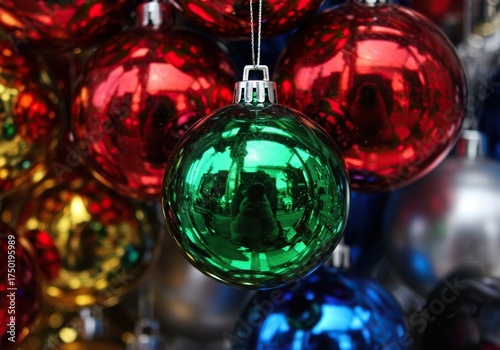 Close up of shimmering, spherical ornaments showcasing vibrant colors and intriguing distorted reflections, creating a dazzling visual display ,pattern ,closeup ,polished