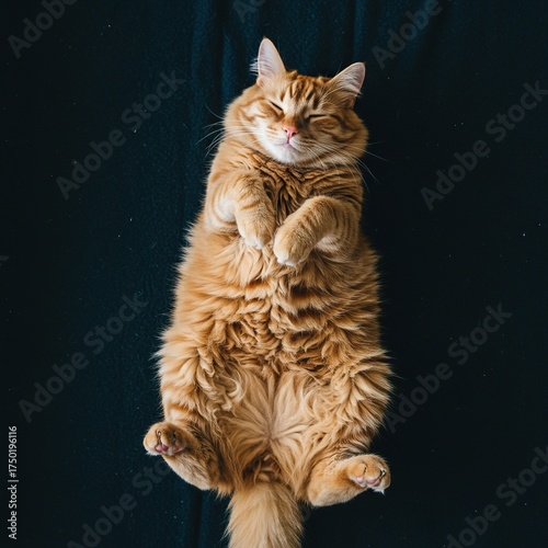 A fluffy ginger cat is deeply asleep on its back, paws in the air, exhibiting peak relaxation in a wonderfully awkward pose ,well-being ,comfortable ,leisure