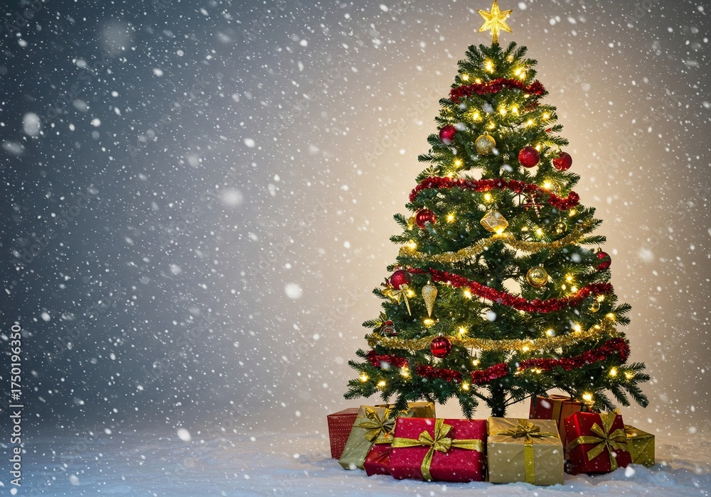 Obraz premium A beautifully decorated Christmas tree stands under a gentle, enchanting snowfall, creating a magical winter wonderland scene perfect for the holidays ,frozen ,tree ,tradition