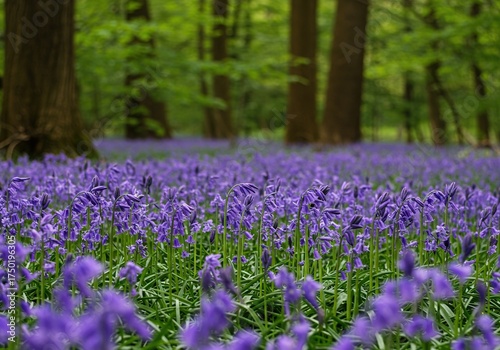 Vibrant bluebell flowers carpeting a shaded woodland floor, signaling spring's arrival with their delicate bell-shaped blooms and enchanting hues ,spring flower ,purple ,wild